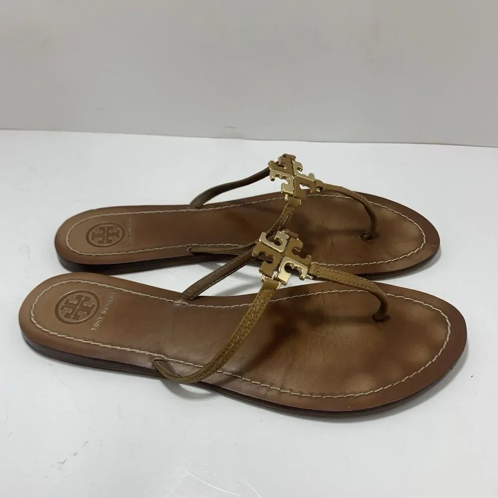 Tory Burch Golden Metal Logo T-Strap Leather Flat Sandals Size 9 Womens